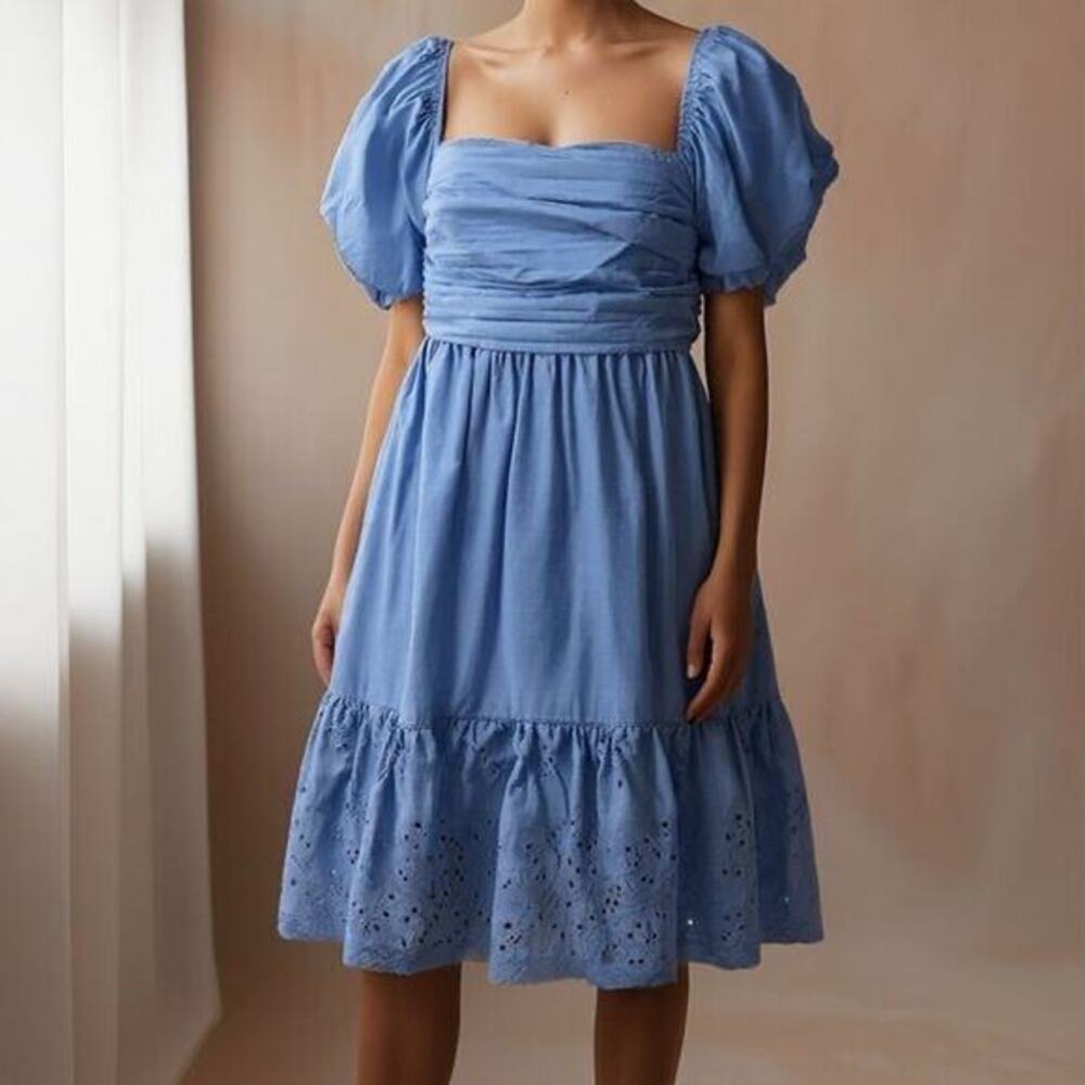 En Saison Juliet Bow Back Babydoll Dress Blue 100% Cotton Eyelet Puff Sleeves